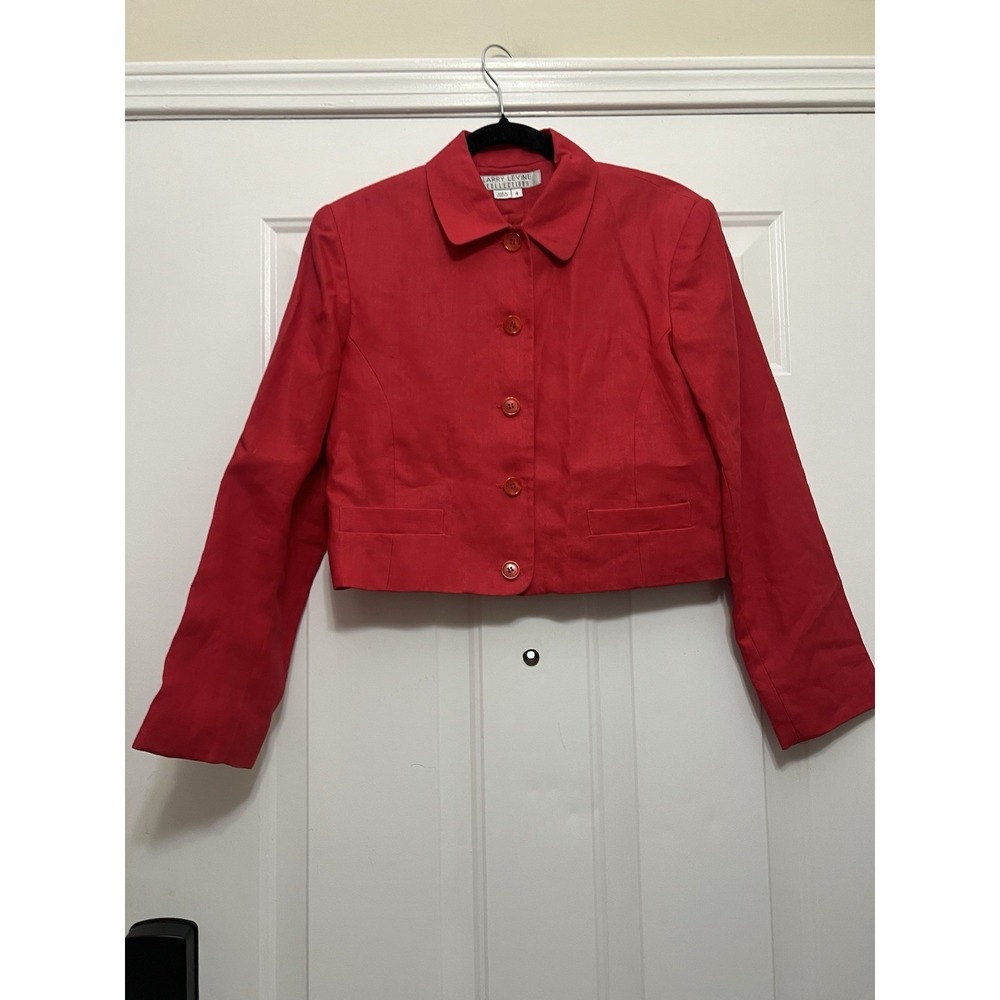 Vintage Larry Levine Red Linen 4 Cropped Jacket Minimalist Career Academia